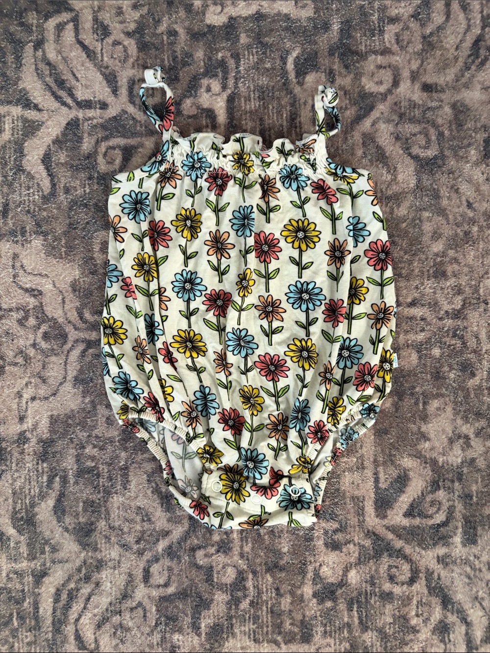 Posh Peanut Bamboo Floral Bubble Romper - White with Blue, Yellow & Pink Flowers